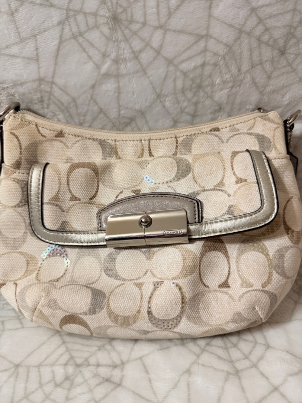 Coach Beige Signature Canvas Shoulder Bag with Metallic Trim